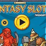 Två fantasifigurer med vapen står framför en blå bakgrund med texten Fantasy Slots