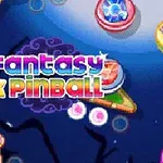 Färgglatt Fantasy Pinball-motiv med text i mitten, omgiven av spelbrädets element och neonljus