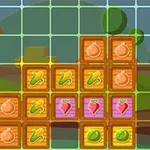 Ett färgglatt rutnät med symboler av frukter och grönsaker framför en lantlig bakgrund med en lada och träd