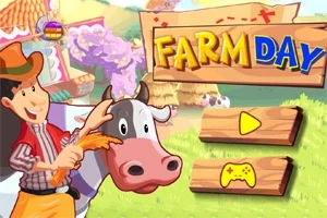 En tecknad bonde står bredvid en ko framför en skylt med texten Farm Day, omgiven av färgglada, lantliga miljöer