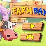 En tecknad bonde står bredvid en ko framför en skylt med texten Farm Day, omgiven av färgglada, lantliga miljöer