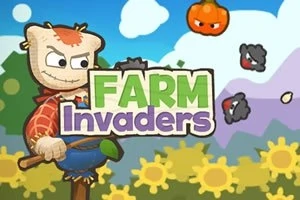 Färgglad tecknad fältmiljö med en fågelskrämma, flygande pumpa och får framför solrosor och en skylt med texten FARM Invaders