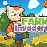 Färgglad tecknad fältmiljö med en fågelskrämma, flygande pumpa och får framför solrosor och en skylt med texten FARM Invaders