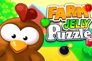 Tecknad kycklingfigur med stora ögon framför färgglad bakgrund och texten Farm Jelly Puzzle