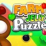 Tecknad kycklingfigur med stora ögon framför färgglad bakgrund och texten Farm Jelly Puzzle