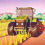 En tecknad traktor på en gård omgiven av gula fält med vindkraftverk i bakgrunden