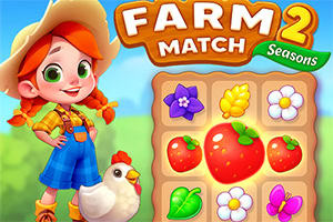 Tecknad flicka med rött hår och en höna står bredvid ett spelbräde med färgglada frukter och blommor