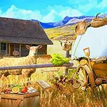 En herde bild med ett får framför en gammal stuga, omgiven av höbalar och diverse jordbruksprodukter under en blå himmel