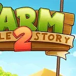 Tecknat spelomslag med texten Farm Puzzle Story 2 i grönt och rött på träskylt mot en blå himmel