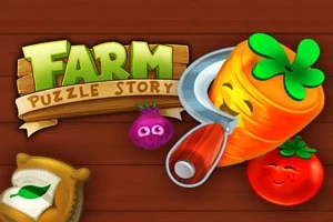 Ritade grönsaker med ansikten, inklusive en morot, lök, tomat och säck, mot en brun träbakgrund med texten Farm Puzzle Story