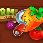 Ritade grönsaker med ansikten, inklusive en morot, lök, tomat och säck, mot en brun träbakgrund med texten Farm Puzzle Story