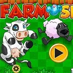 Tecknade djur inklusive en ko, ett får och en häst mot en grön bakgrund med en spelknapp i mitten