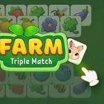 Färgglada frukter och grönsaker med texten Farm Triple Match i mitten på en grön bakgrund, samt två hamsterikoner till höger