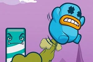 En animerad blå figur med ett orange leende hoppar upp med grön rök bakom sig, bredvid en rektangulär, randig figur med ett argt ansikte