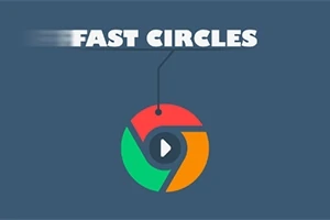 Fast Circles i vit text ovanför en mångfärgad cirkel med en play-symbol i mitten mot en blå bakgrund