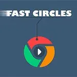 Fast Circles i vit text ovanför en mångfärgad cirkel med en play-symbol i mitten mot en blå bakgrund