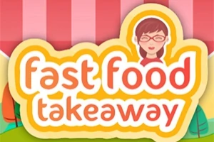 Texten fast food takeaway i färgglada bokstäver med en illustration av en person ovanför, mot en randig bakgrund