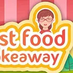 Texten fast food takeaway i färgglada bokstäver med en illustration av en person ovanför, mot en randig bakgrund
