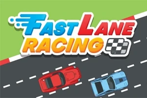 Två bilar, en röd och en blå, körs på en svart väg med vita vägmarkeringar och texten FAST LANE RACING visas ovanför
