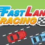 Två bilar, en röd och en blå, körs på en svart väg med vita vägmarkeringar och texten FAST LANE RACING visas ovanför