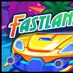 En gul sportbil med vapen framtill och texten Fastlaners ovanför, mot en färgglad bakgrund