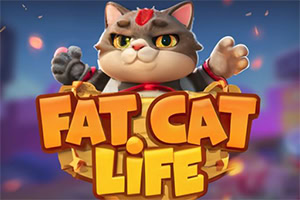 En tecknad katt med grå och vit päls håller upp tassarna över titeln Fat Cat Life mot en suddig bakgrund