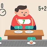 En tecknad person i röd tröja står vid ett bord med två tomma tallrikar, omgiven av sifferkort och ett löpande band med sushi, med en matematisk ekvation och en klocka i bakgrunden