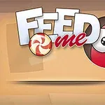 Texten FEED me med ett rött, cirkulärt ansikte och en polkagris på en brun bakgrund