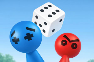 Två färgade spelpjäser, en blå och en röd med arga ansikten, står under en flygande vit tärning mot en blå himmel