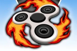En fidget spinner med brinnande eld runt den på en blå bakgrund