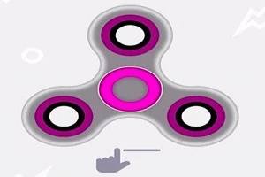 En grå och rosa fidget spinner med tre armar och en handikon som pekar mot den