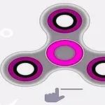 En grå och rosa fidget spinner med tre armar och en handikon som pekar mot den