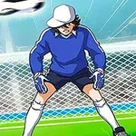 En tecknad målvakt i blå tröja och keps förbereder sig för att rädda en flygande fotboll framför ett mål