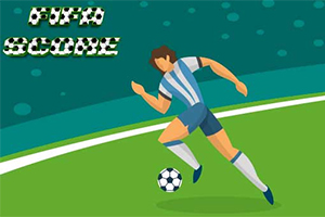 En illustration av en fotbollsspelare i blå-vit dräkt som springer med en fotboll på en gräsmatta