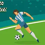 En illustration av en fotbollsspelare i blå-vit dräkt som springer med en fotboll på en gräsmatta