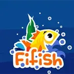 En färgglad tecknad fisk omgiven av bubblor med texten Fifish mot en blå bakgrund