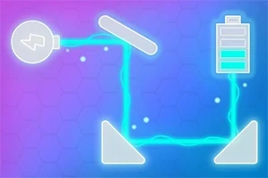 En neonblå krets med en glödlampa, en batteriikon och linjer mot en lila bakgrund med hexagonmönster