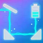 En neonblå krets med en glödlampa, en batteriikon och linjer mot en lila bakgrund med hexagonmönster