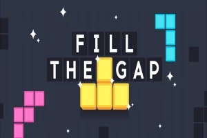 Texten FILL THE GAP med staplade gula block i mitten och omgivna av rosa och blå block mot en mörk bakgrund med stjärnor