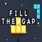 Texten FILL THE GAP med staplade gula block i mitten och omgivna av rosa och blå block mot en mörk bakgrund med stjärnor
