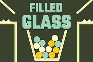 Titeln FILLED GLASS ovanför ett glas fyllt med färgglada bollar på en mörk bakgrund