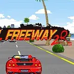 En röd sportbil kör på en motorväg kantad med palmer och lastbilar, med en stad och strand i bakgrunden och texten FINAL FREEWAY 2R synlig