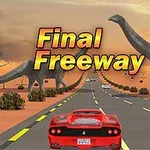 Röd sportbil kör på en motorväg med stora dinosaurier i ökenlandskapet under en orange himmel
