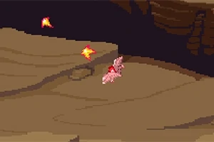 Pixelkonstbild med en rosa varelse på en brun, bergig bakgrund och flygande eldsflammor