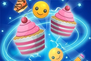 Färgglad bild med två rosa muffins, smiley-ansikten och andra sötsaker mot en blå bakgrund med stjärnor