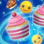 Färgglad bild med två rosa muffins, smiley-ansikten och andra sötsaker mot en blå bakgrund med stjärnor