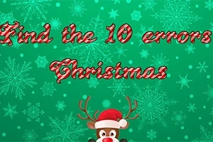 Texten Find the 10 errors Christmas mot en grön bakgrund med snöflingor och en ren med tomteluva