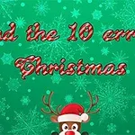 Texten Find the 10 errors Christmas mot en grön bakgrund med snöflingor och en ren med tomteluva