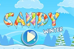 Texten CANDY WINTER i färgglada bokstäver med vinterlandskap i bakgrunden och en spelstartknapp