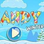 Texten CANDY WINTER i färgglada bokstäver med vinterlandskap i bakgrunden och en spelstartknapp